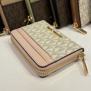 Michael Kors Jet Set Travel Medium Zip Around Card Case Powder Blush Multi